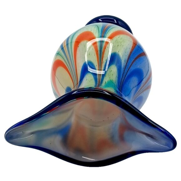 Murano Handblown Art Glass Vase With Rainbow Ribbon Swirl Pattern & Cobalt Blue - Picture 10 of 12
